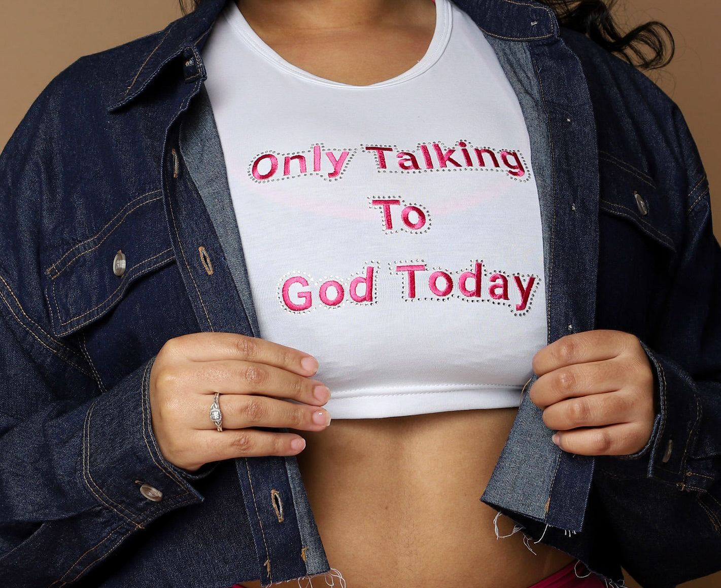 ONLY TALKING TO GOD WHITE CROP TOP RHINESTONE